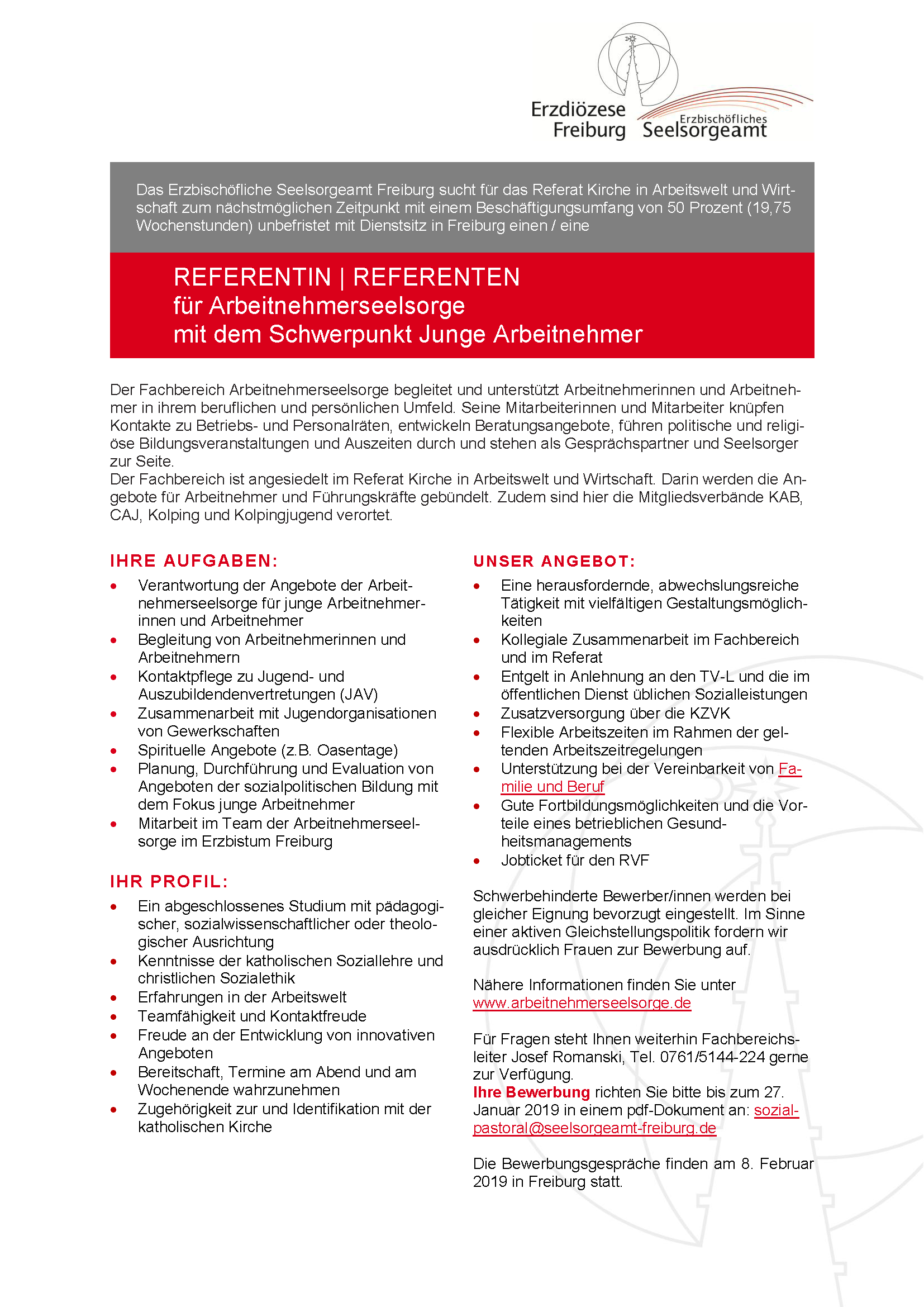Stellenausschreibung REFERENT/IN für Arbeitnehmerseelsorge in Rastatt Schwerpunkt Junge Arbeitnehmer